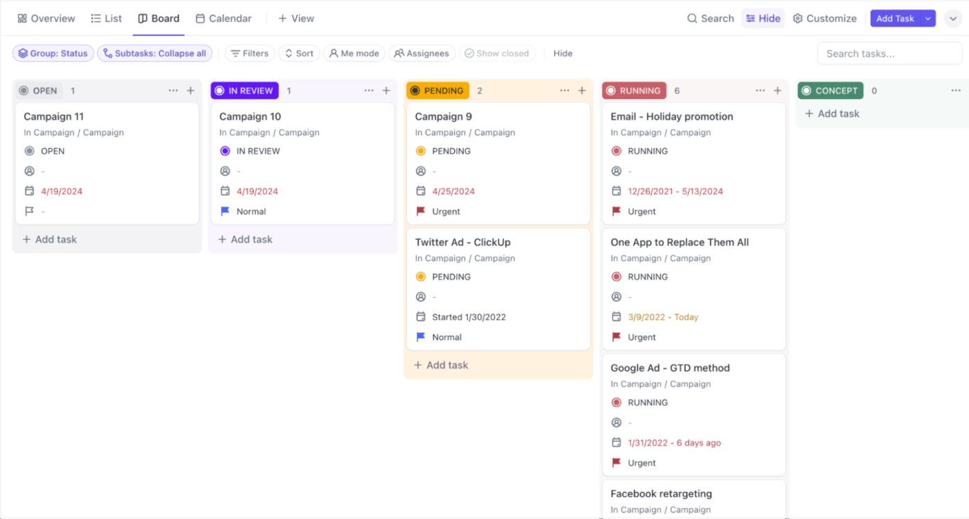 ClickUp Board View: Manage tasks on a drag and drop board that feels like moving a new record in workflows