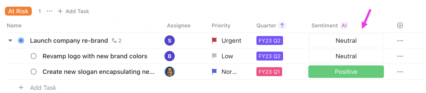 Sentiment AI Field: AI detecting sentiment in updates or comments to flag tone and team health