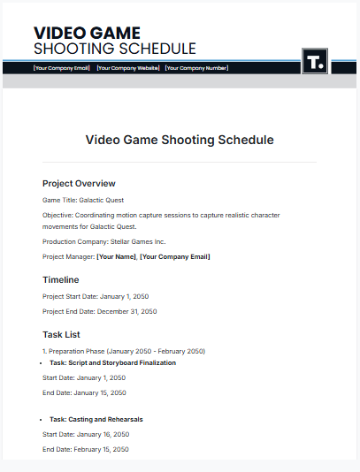 Video Game Shooting Schedule Template by Template.net- Video Game Template