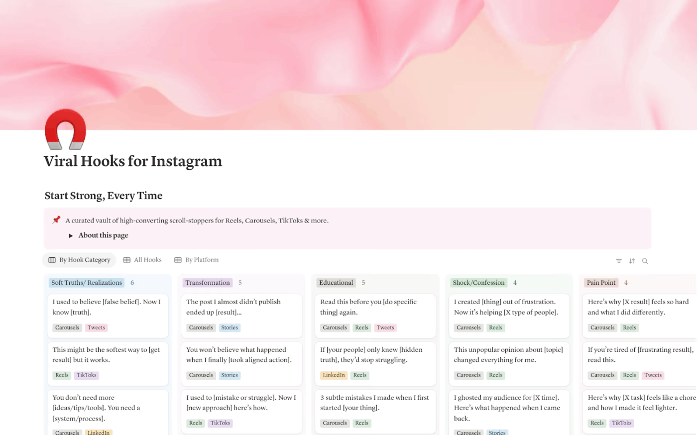 Viral Hooks for Instagram Template by Notion- notion-social-media-calendar-templates