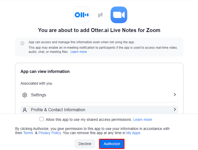 When prompted sign in to Zoom and click Authorize