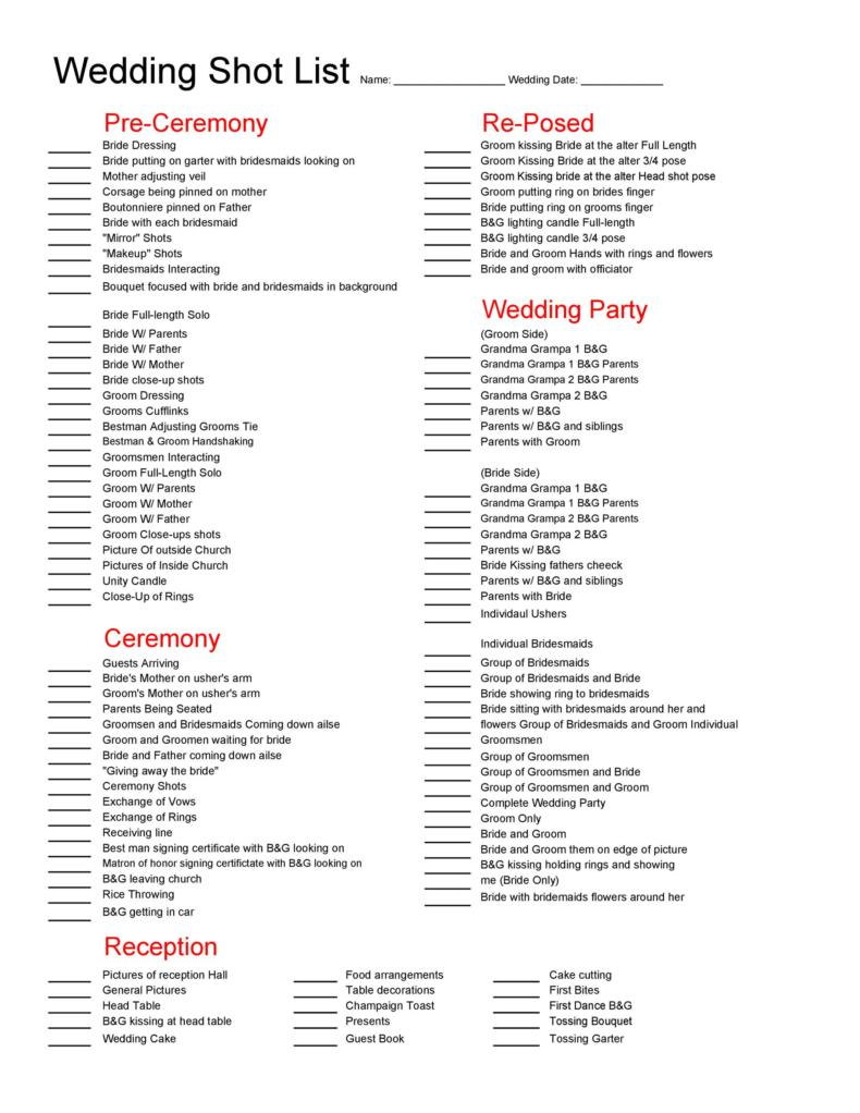 Word Wedding Shot List Template by TemplateLAB- Photography Shot List Template