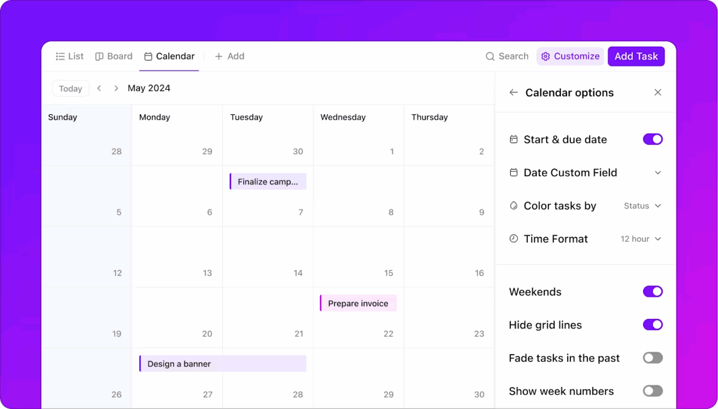 Plan tasks and deadlines visually with ClickUp Calendar View