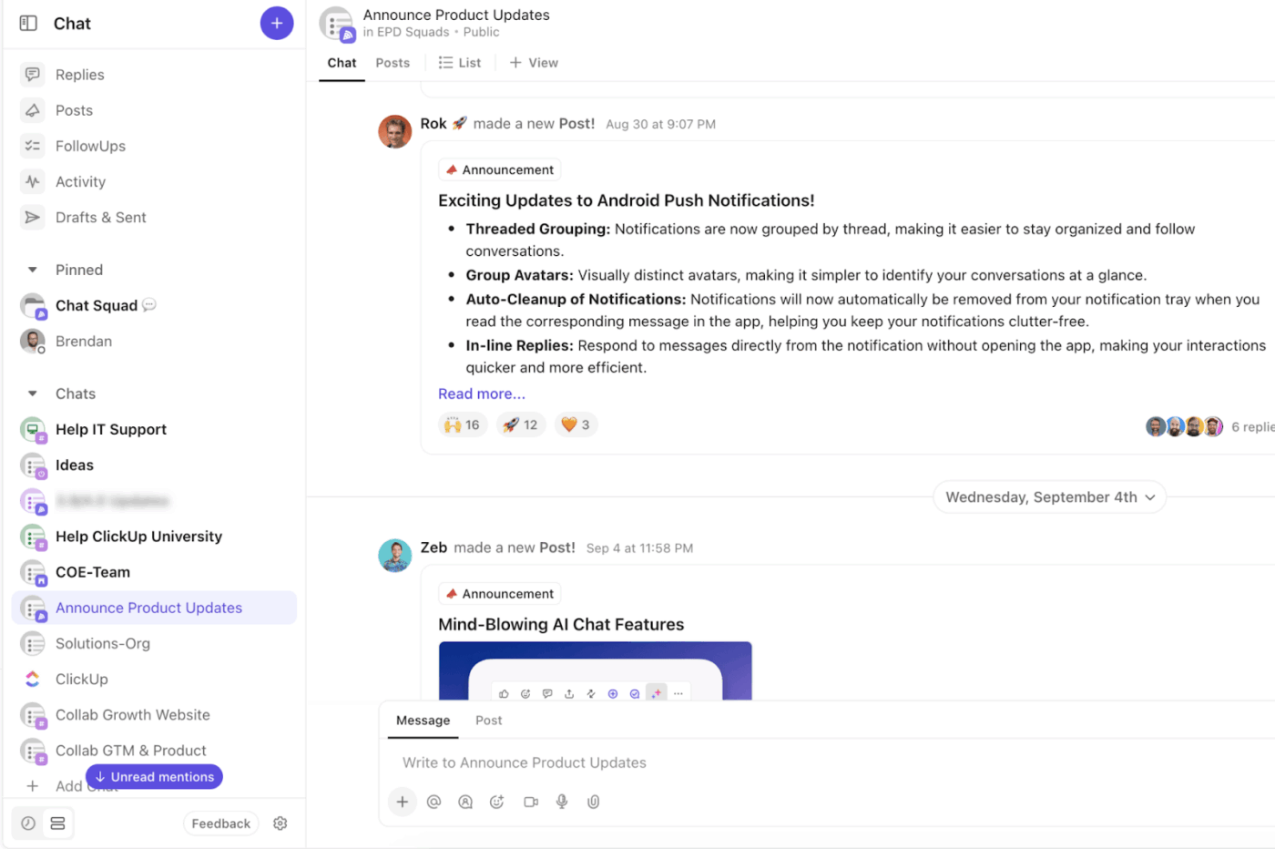 ClickUp Chat içindeki Duyuru, Tartışma veya Fikir sohbet mesajlarında paylaşarak ürün güncellemelerini veya politika değişikliklerini paylaşın.