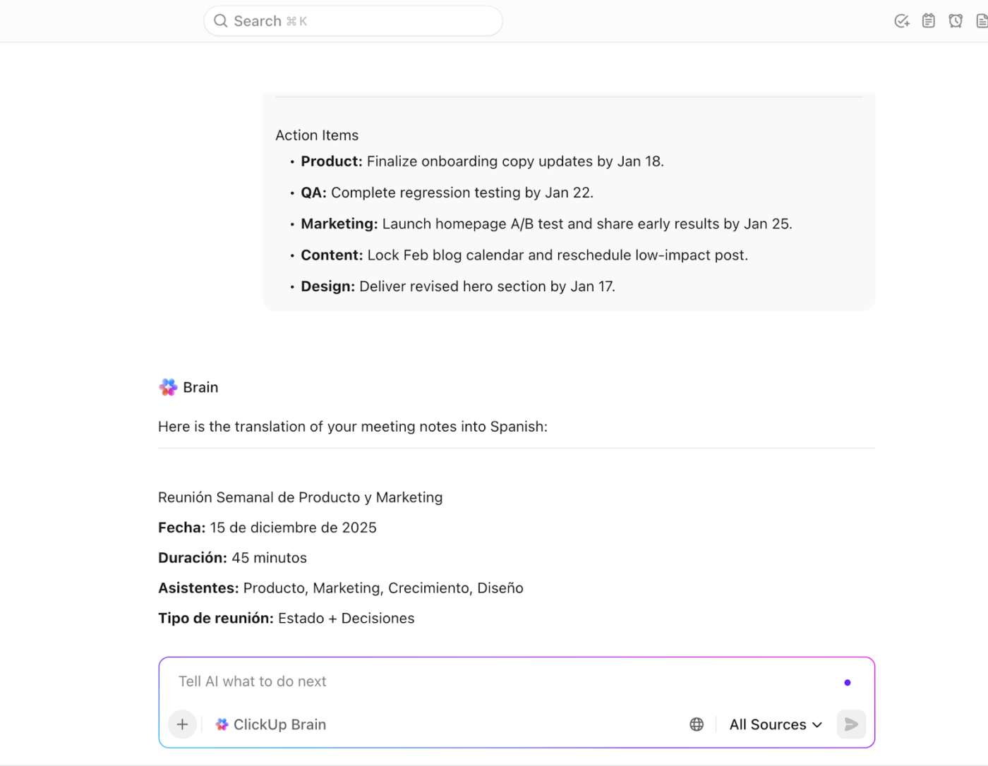 ClickUp Brain : how to replace internal product demos on google meet with clickup syncup