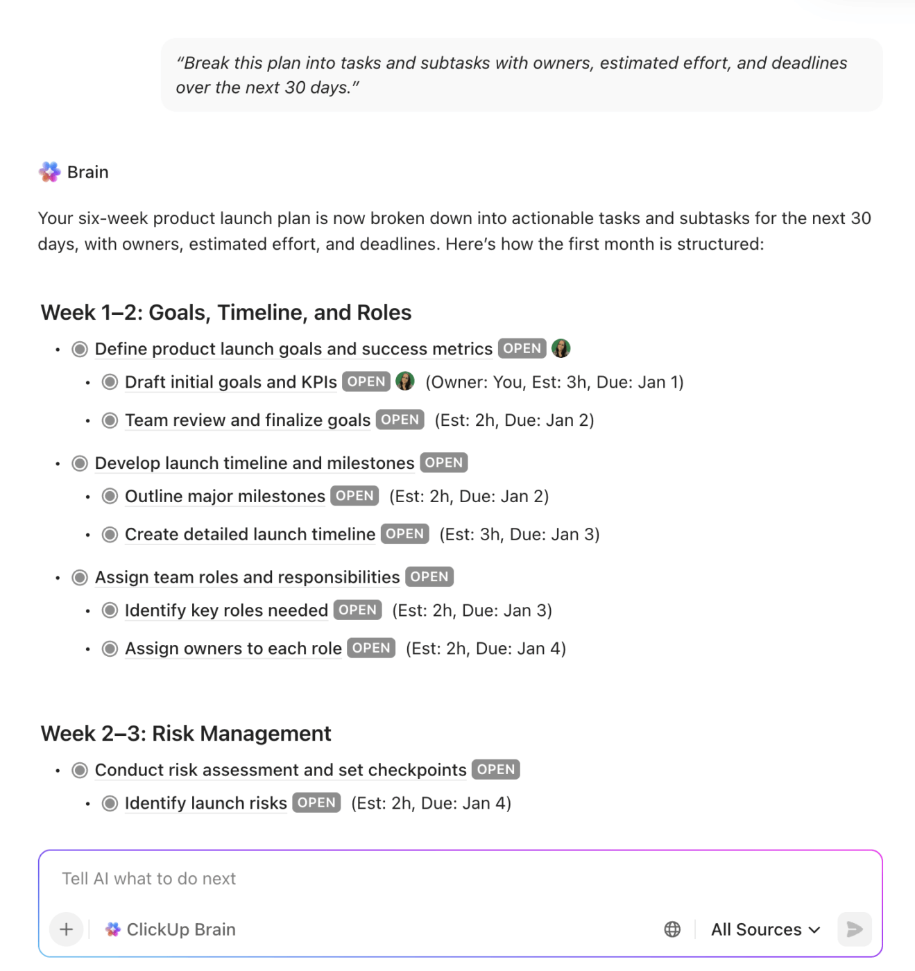 Auto-generate tasks, subtasks, and action items with AI, using ClickUp Brain