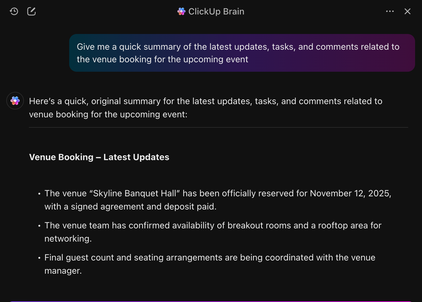 التطبيقات المتصلة باستخدام ClickUp Brain: كيفية اختيار منصات الأحداث الافتراضية