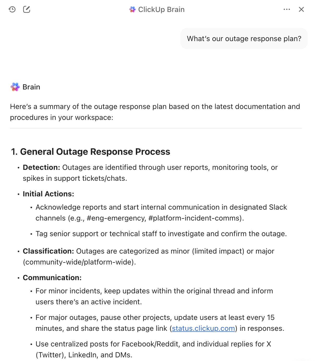 Get instant answers around bsuiness continuity plans, policies, resilience frameworks, and responses using ClickUp Brain
