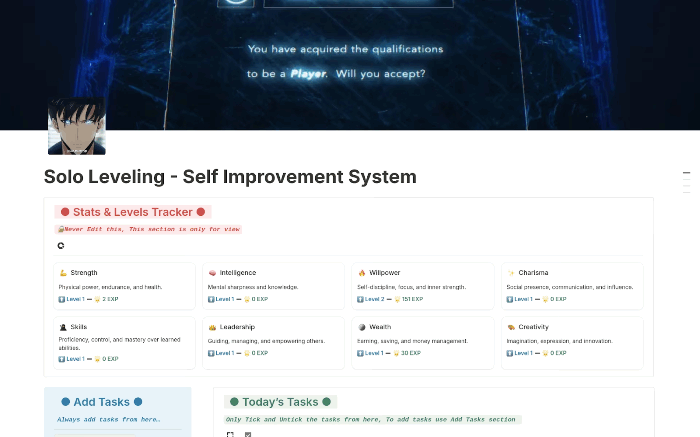 Self Improvement System by Firebrick Studio on Notion : Solo leveling system template