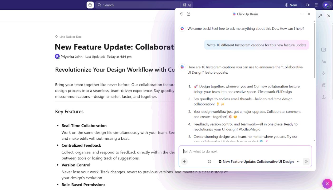 ClickUp Docs : Bing AI Prompts