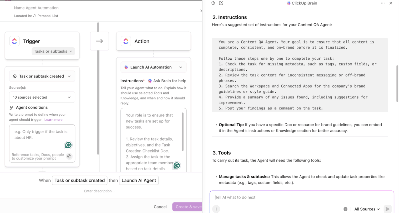 Write prompts in natural language using ClickUp Brain and build intelligent agentic workflows