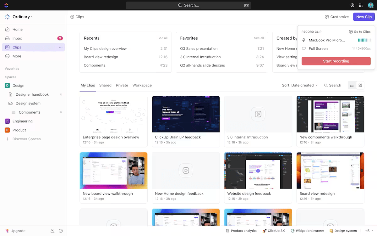 Bekijk de opgenomen ClickUp SyncUps in Clips Hub