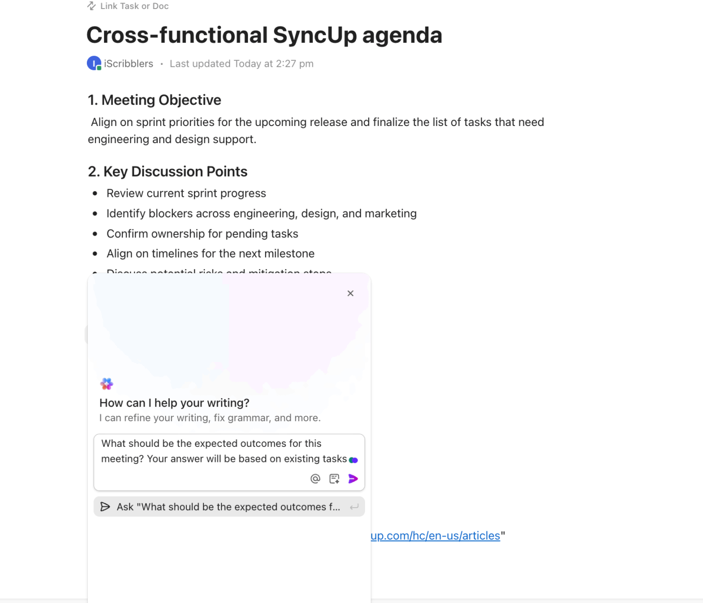 Snel een agenda voor vergaderingen opstellen met de combinatie ClickUp Docs + Brain