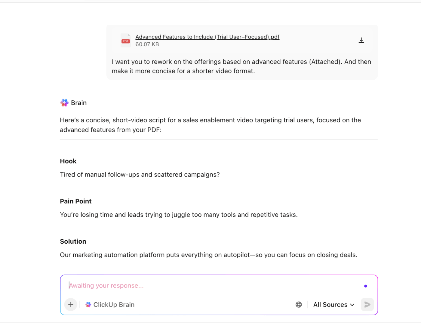 Use ClickUp BrainGPT to write context-aware product demo scripts
