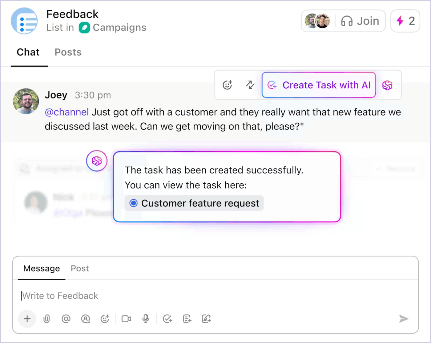 Auto-create tasks from conversations and Docs with ClickUp Task