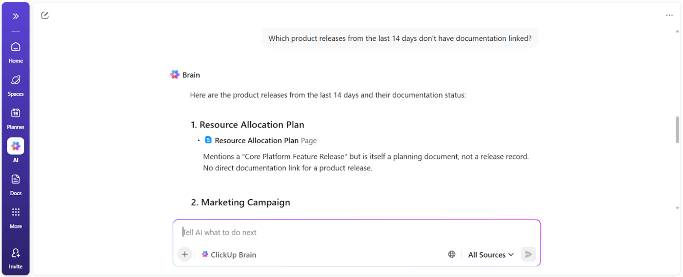 Get context-aware answers and recommendations with ClickUp Brain