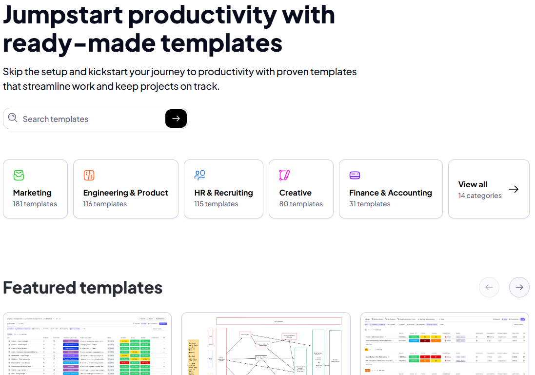 ClickUp Template Center offers 500+ pre-built templates to kickstart business processes
