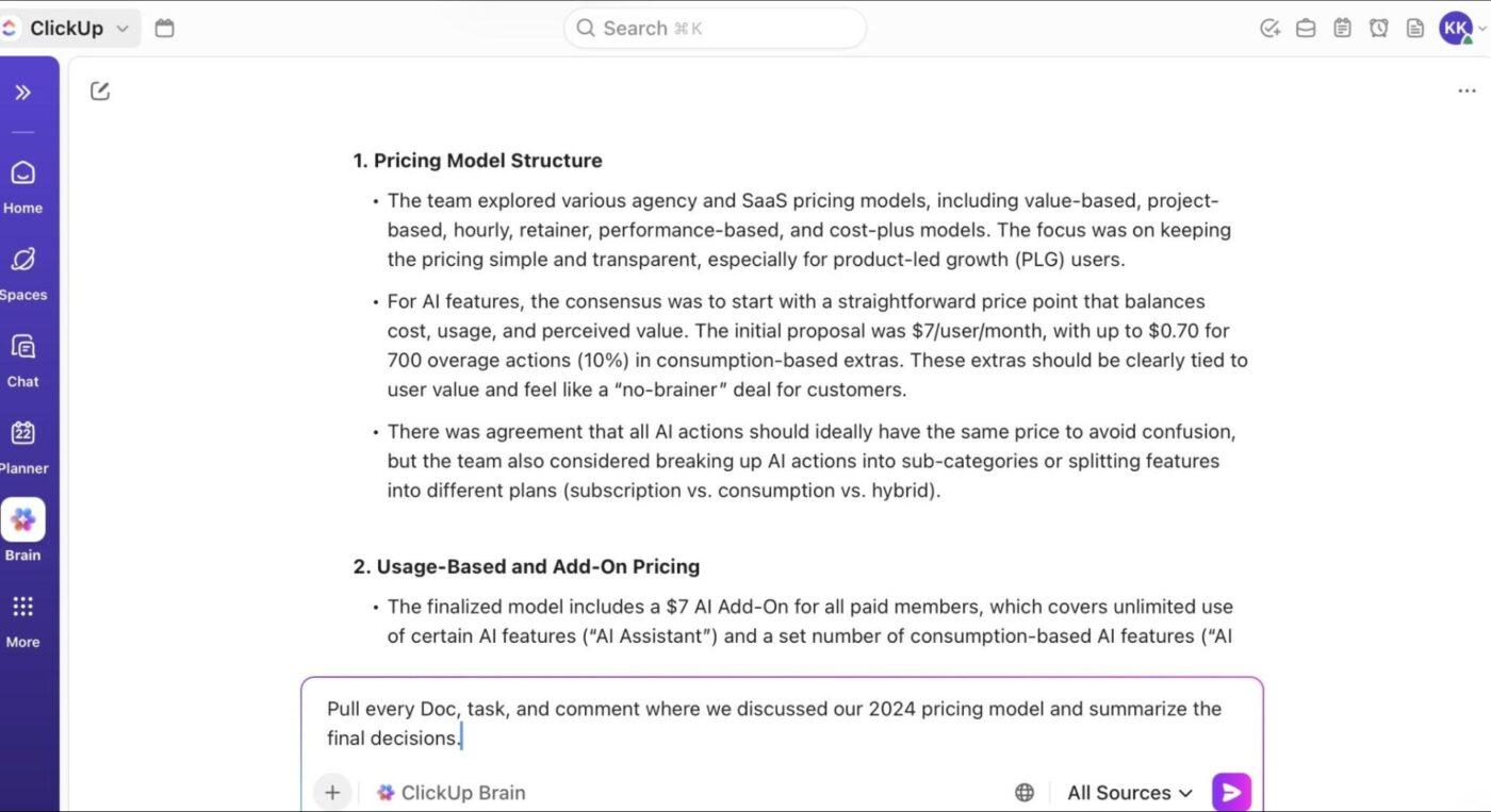 ClickUp Brain: AI collecting conversations on a topic and generating a clear decision summary from multiple locations