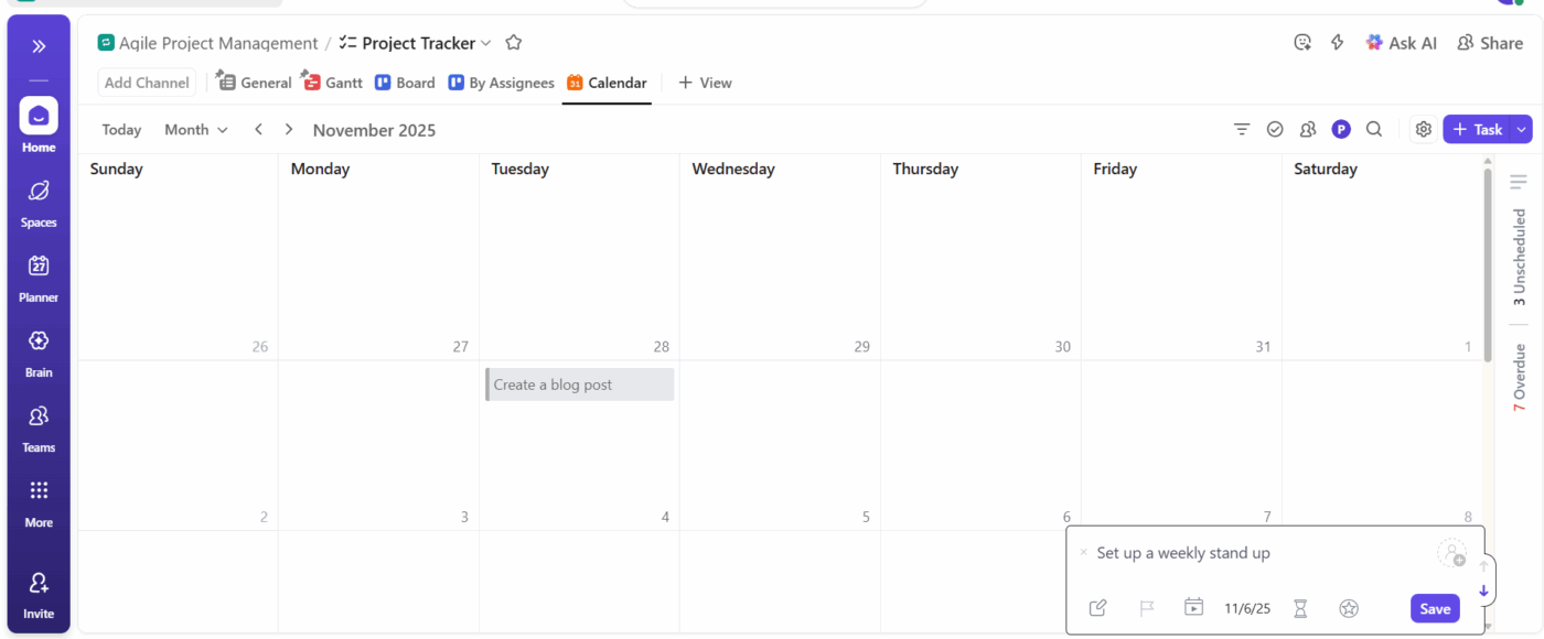ClickUp Calendar View: Calendar interface syncing with Google Calendar for scheduling