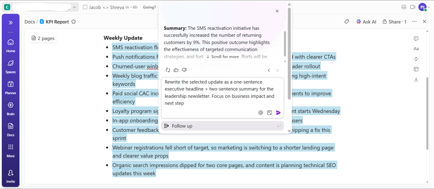 ClickUp Brain: Better than Google Analytics, prompt the AI tool to paraphrase rough notes for stakeholder-ready updates and align with SEO KPIs