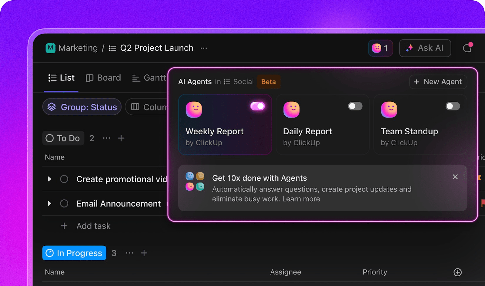 a screenshot showing a screenshot of ClickUp super agents