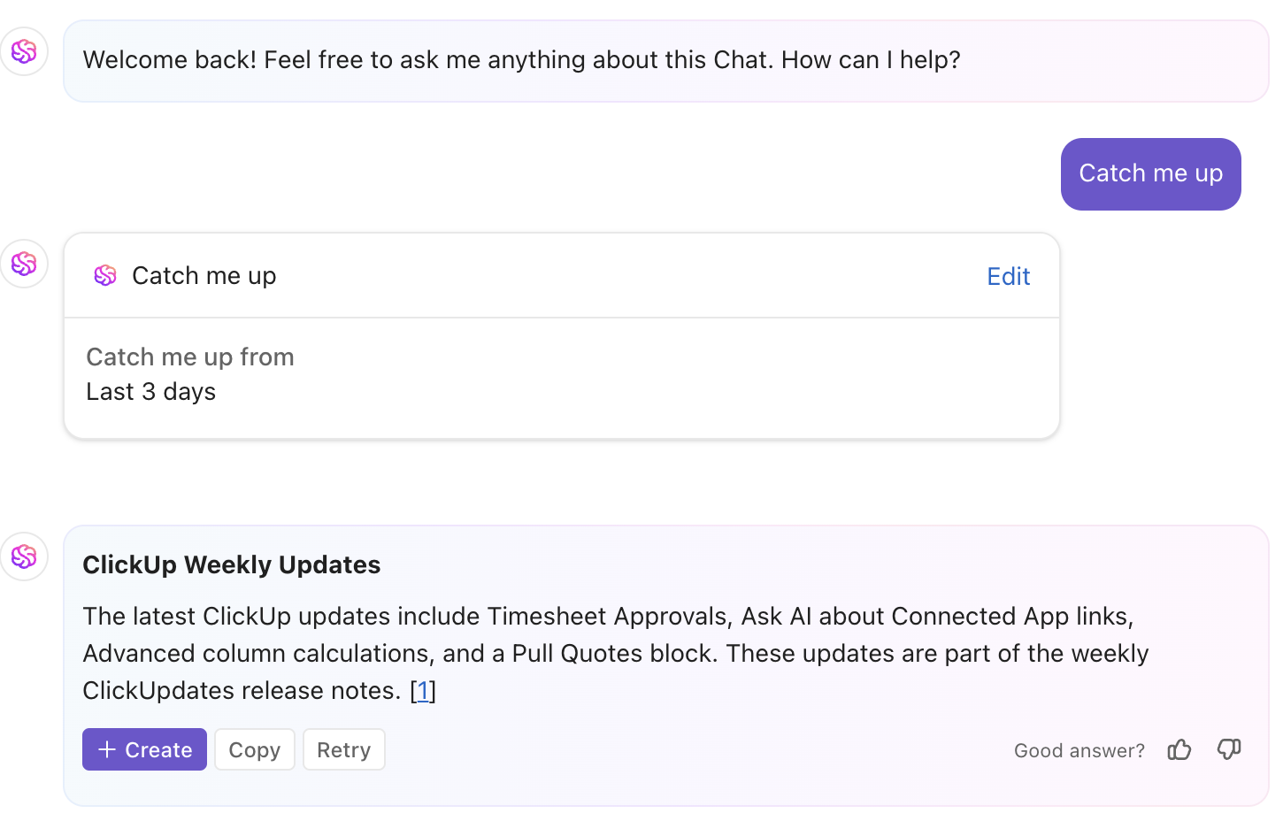 Catch me up in ClickUp Chat gives you an instant summary of recent updates