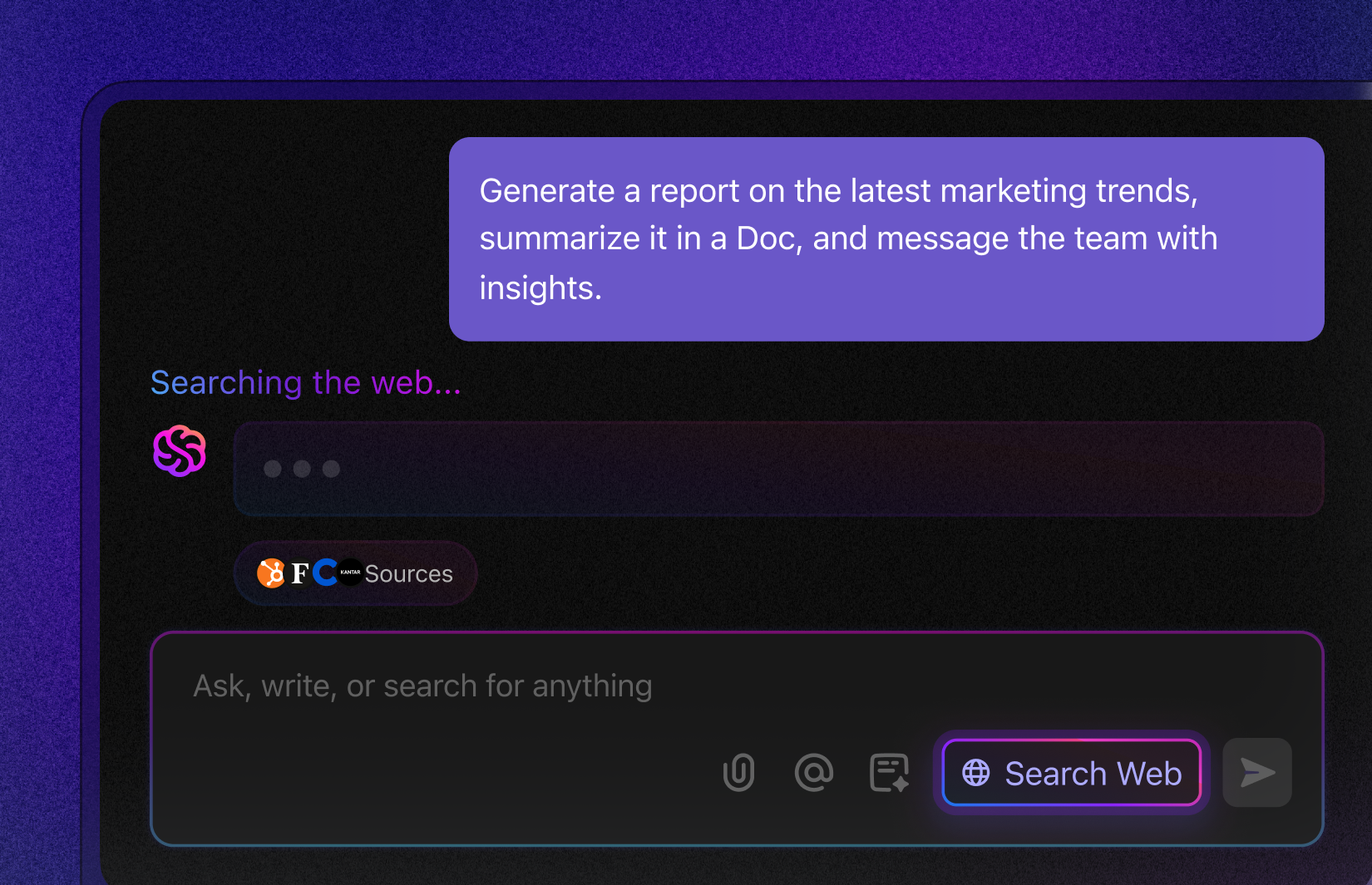 การค้นหาเว็บด้วย AI ใน ClickUp แสดงขั้นตอนการทำงานวิจัยที่ขับเคลื่อนด้วย AI ภายใน ClickUp