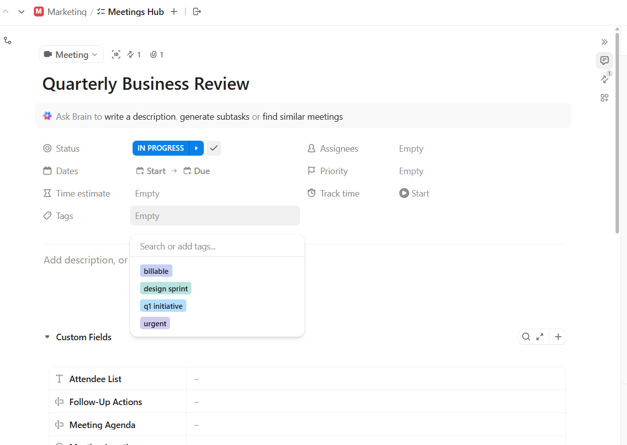 ClickUp Task Tags: Group related meeting tasks using tags for easier filtering and organization