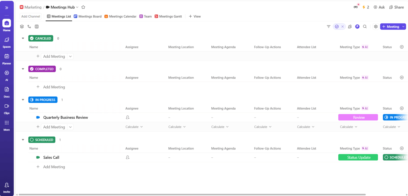 ClickUp Tasks: Track individual meetings action items and ownership directly inside your Meetings Hub list