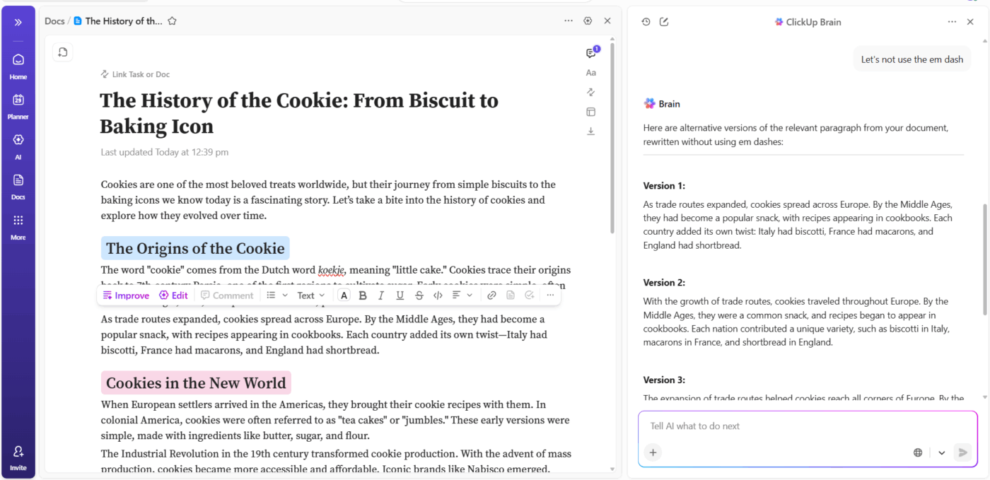 Sử dụng ClickUp Brain để chỉnh sửa nội dung
