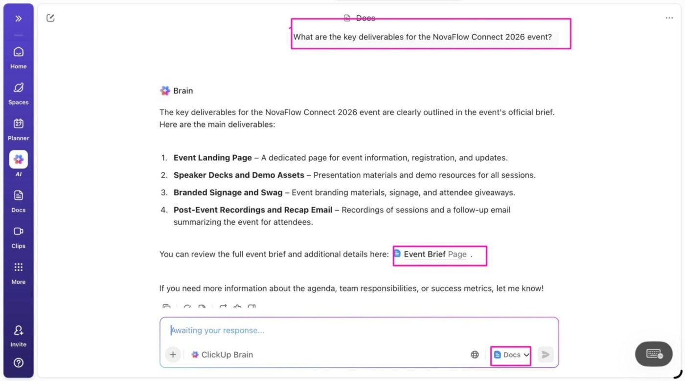 ClickUp Brain ドキュメント検索
