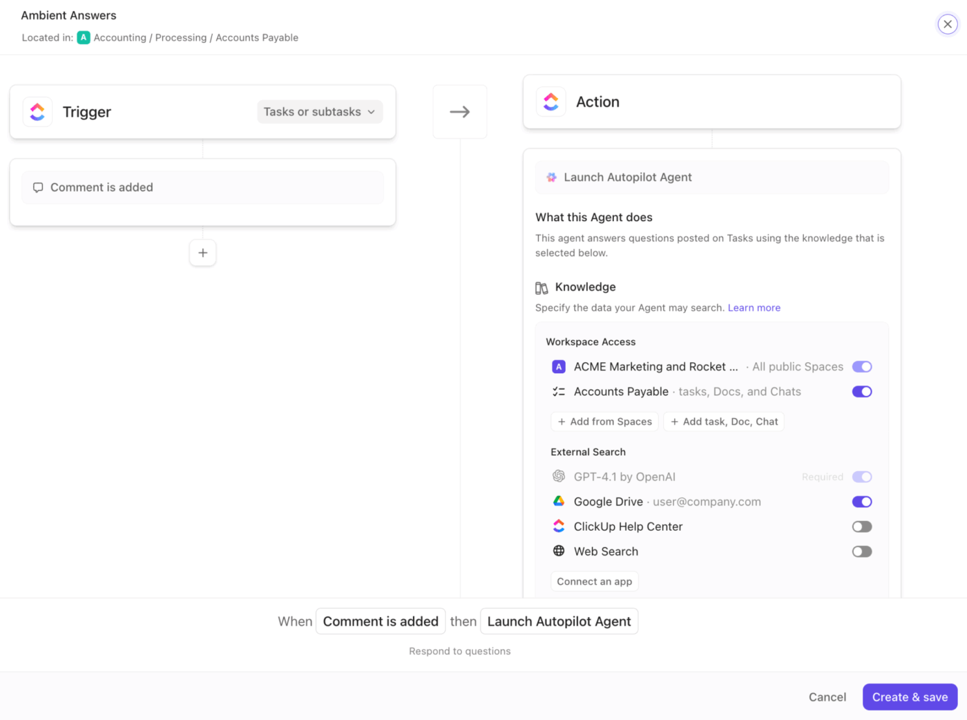 The Ambient Answers Agent in ClickUp can be linked to specific knowledge sources to answer questions posted on tasks or chat channels
