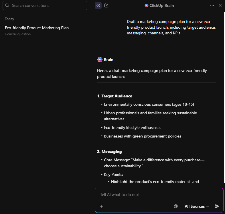 Another sample prompt for ClickUp Brain to draft a marketing campaign