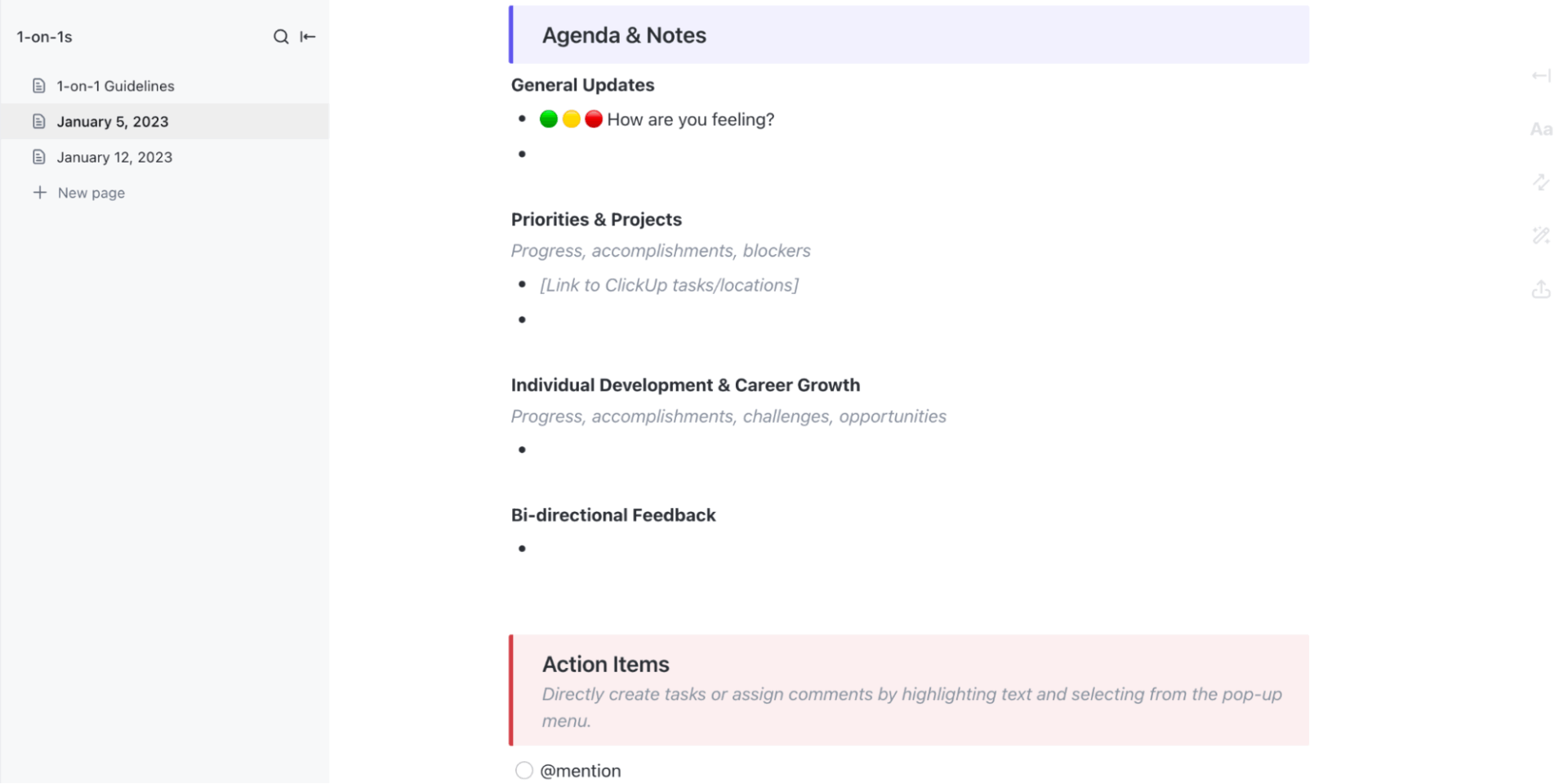 ClickUp 1 on 1s Template: Lead focused one on one meetings that drive alignment growth and feedback
