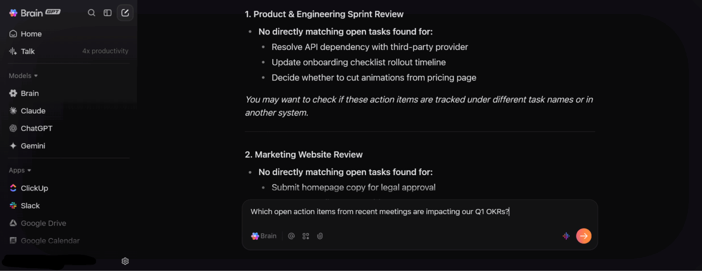 ClickUp BrainGPT: Access your workspace and connected apps from desktop using conversational AI_how to run meetings in clickup