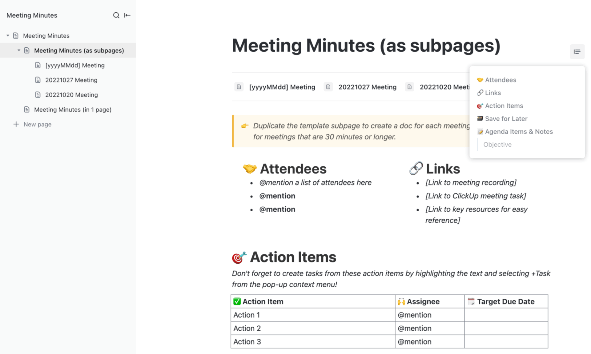ClickUp Meeting Minutes Template: Capture decisions action items and notes in a structured format