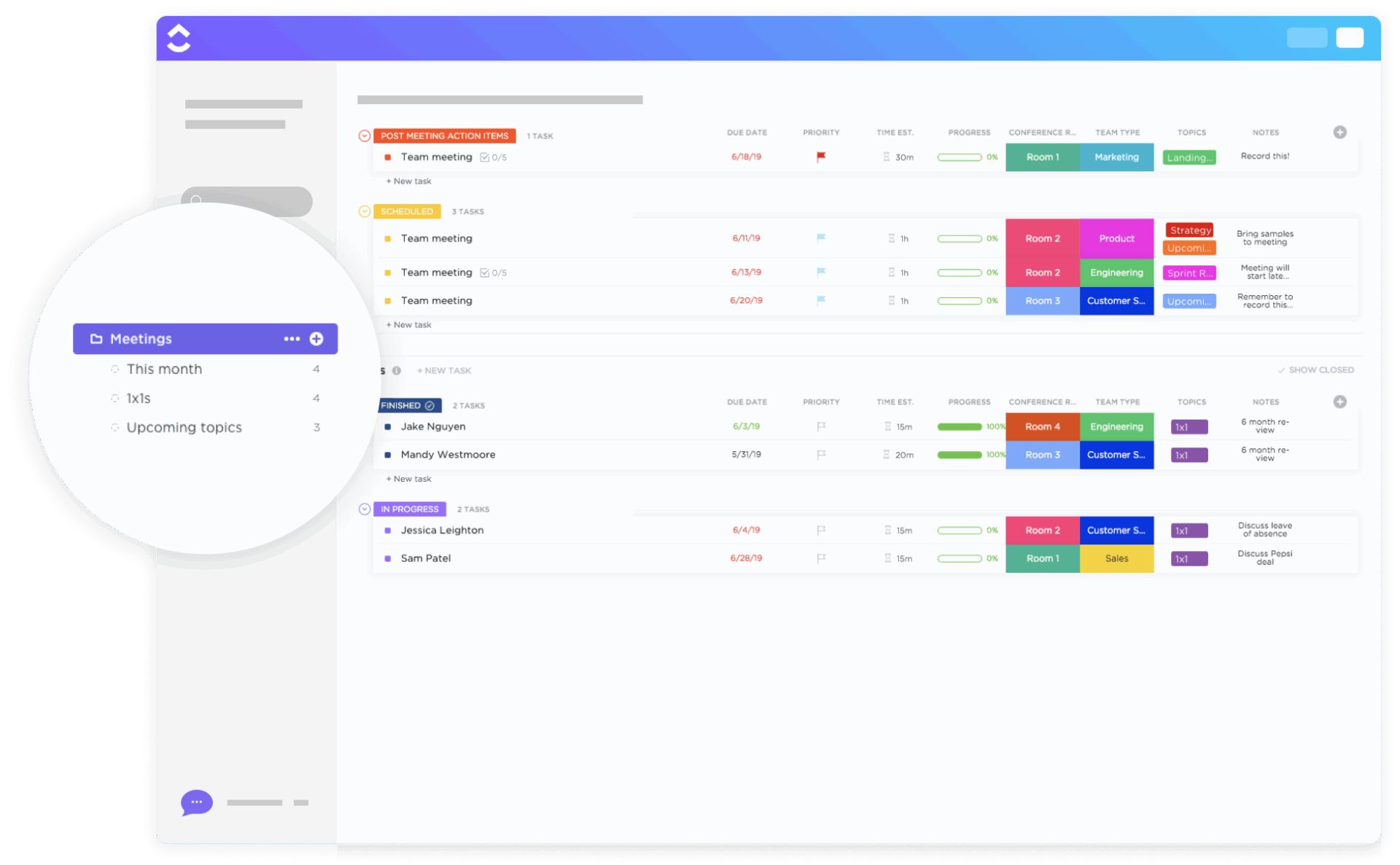 ClickUp Meetings Template: Manage the entire meeting lifecycle to keep teams aligned and accountable
