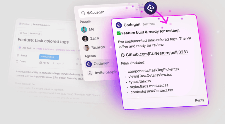Automate the handoff from AI suggestions to real pull requests across your team’s workflow with ClickUp Codegen