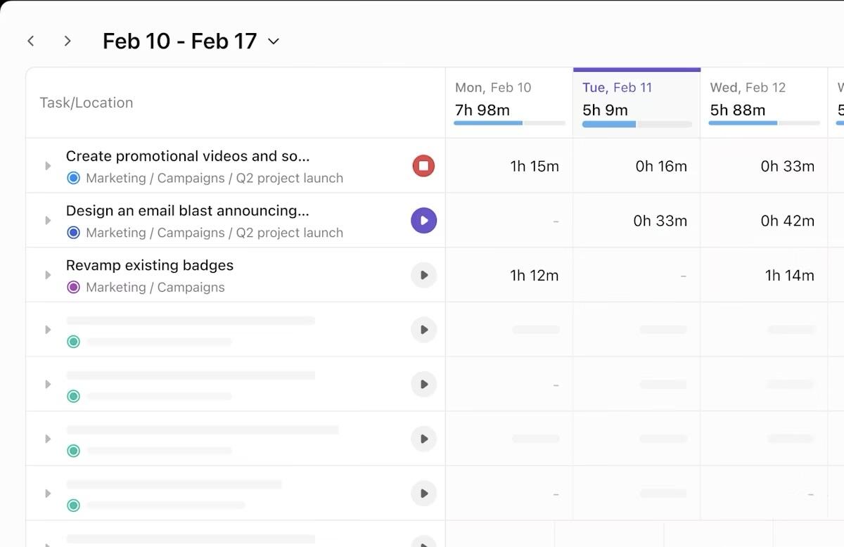 ClickUp Tabelle orarie: tracker dei pagamenti dei clienti