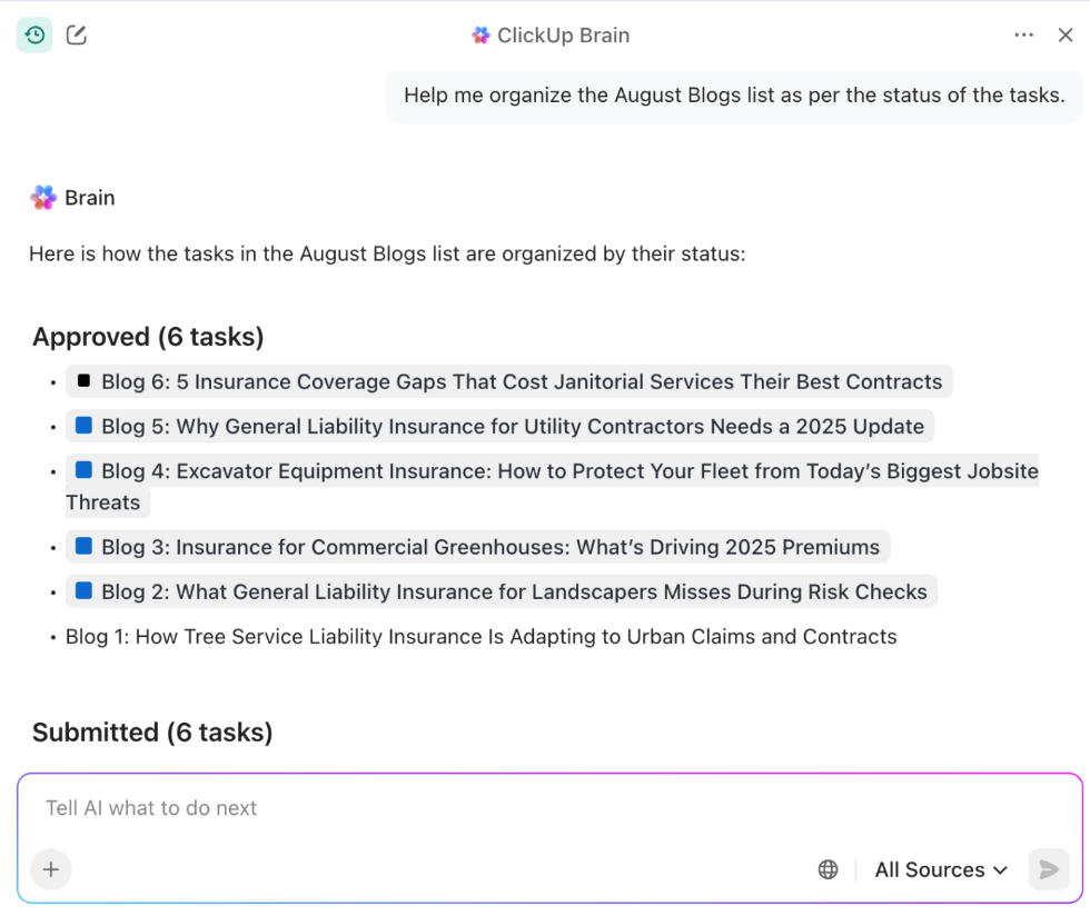 ClickUp Brain gathers all context from your workspace