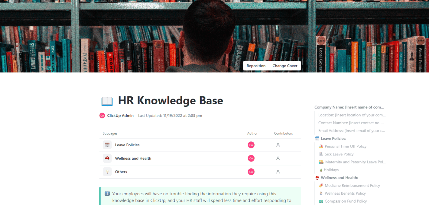 Collect and centralize all your HR documents and policies with ClickUp’s HR Knowledge Base template