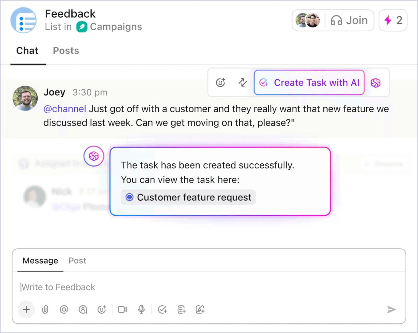 Communicate with your team and create tasks within your chat window with ClickUp Chat