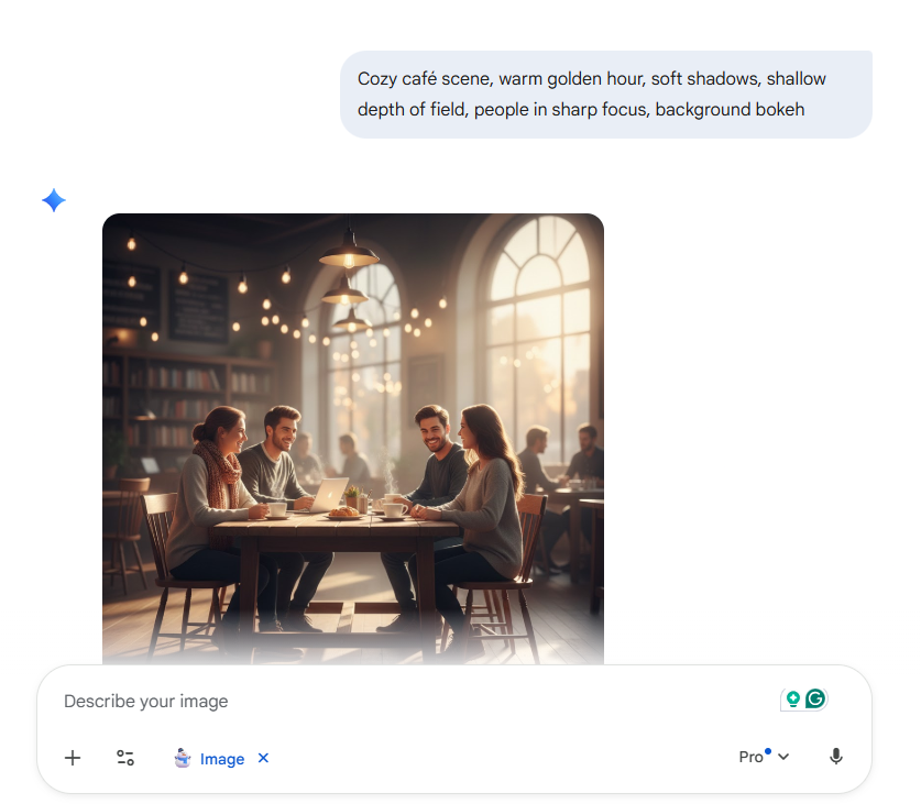 Acogedora escena de cafetería, cálida hora dorada, sombras suaves, poca profundidad de campo, personas enfocadas con nitidez, fondo bokeh: indicaciones de Nano Banana.