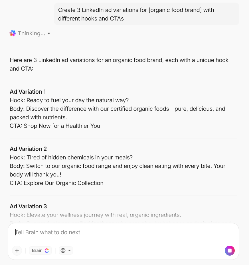 أنشئ 3 إعلانات مختلفة على LinkedIn لـ [الشخصية] باستخدام عناوين جذابة وعبارات تحث على اتخاذ إجراء مختلفة

حالات استخدام التسويق عبر ChatGPT