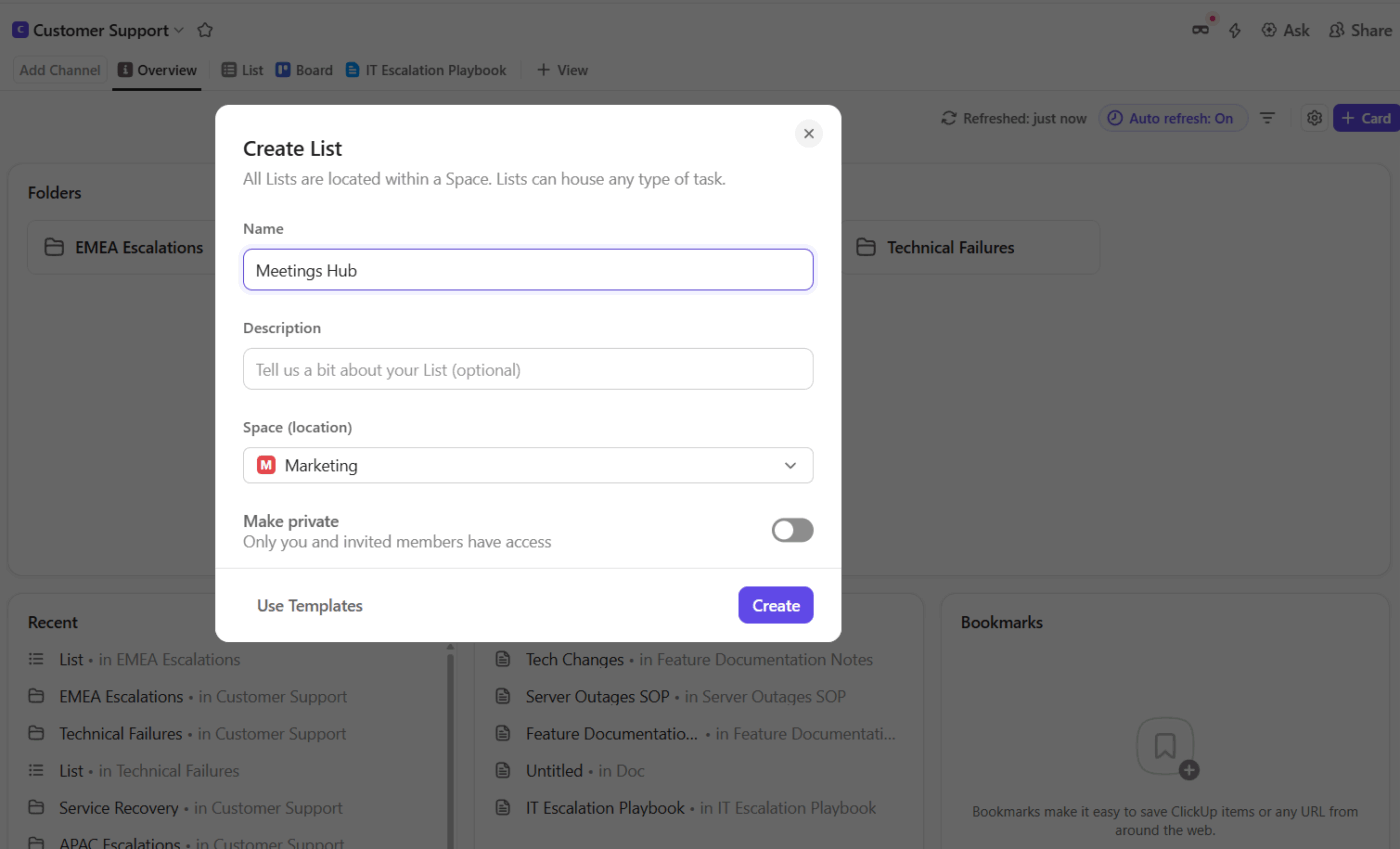 ClickUp List: Centralize all meeting related tasks agendas and follow ups in a dedicated Meetings Hub list_how to run meetings in clickup