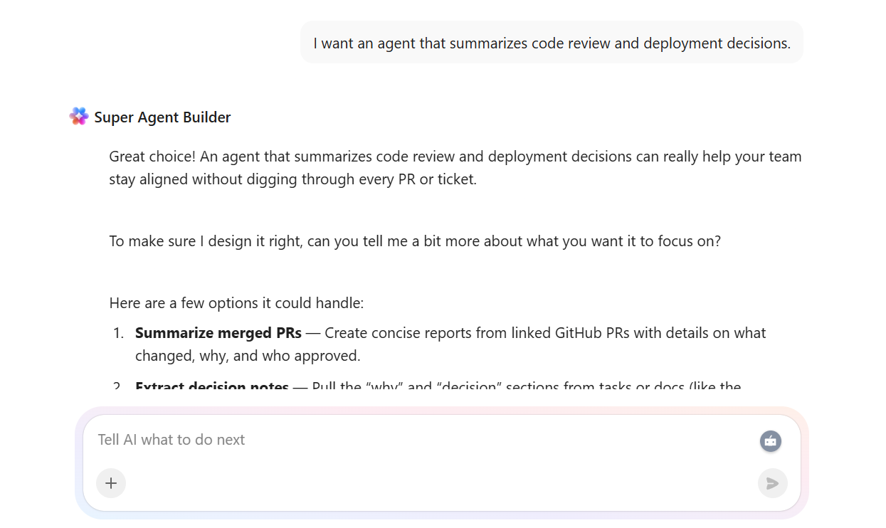 Create a super agent for summarizing code reviews and deployment decisions with ClickUp Brain
