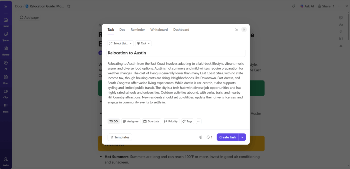 ClickUp Brain: Buat tugas ClickUp langsung dari ringkasan.