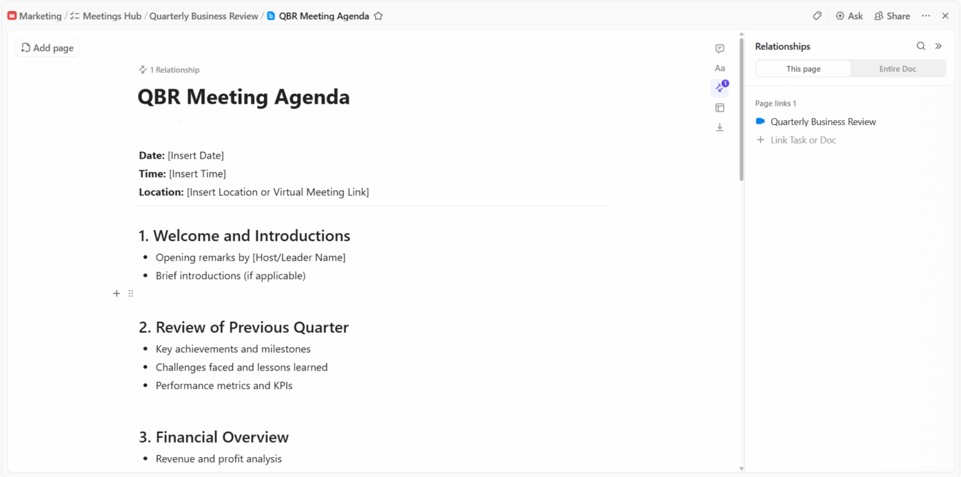 ClickUp Docs: Create meeting notes and link Docs directly to Tasks for better context and follow through