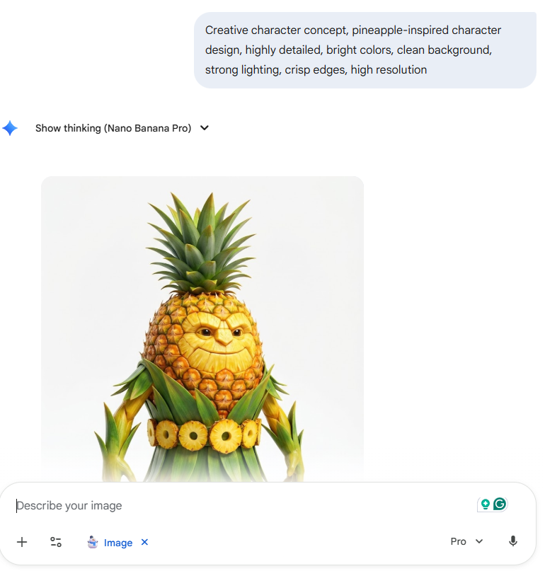 Concepto creativo de caracteres, diseño de caracteres inspirado en la piña, gran detalle, colores vivos, fondo limpio, iluminación intensa, contornos nítidos, alta resolución.