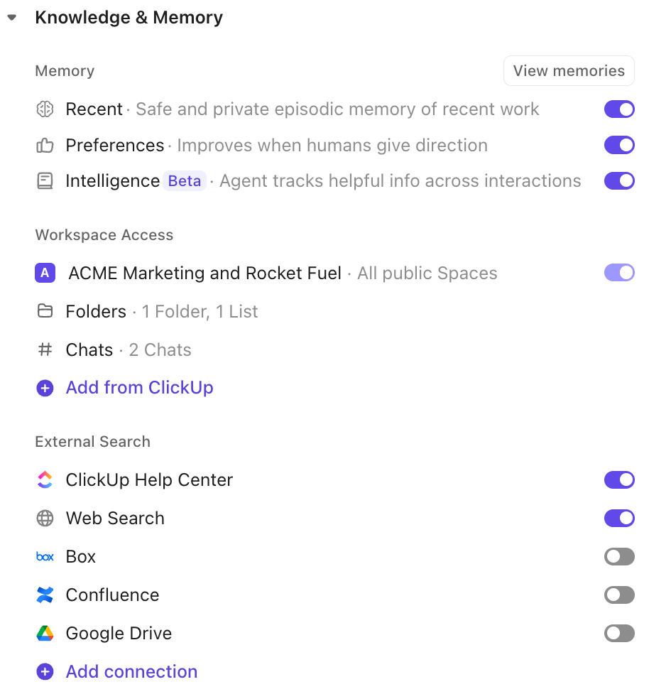 ClickUp Super Agent Knowledge Access: Provides center agents with the necessary support systems to perform confidently